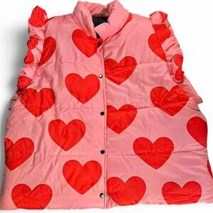NWOT Pink Red Hearts Puffer Snap Up Vest with Ruffle Sleeves 6XL Fits like a 2X